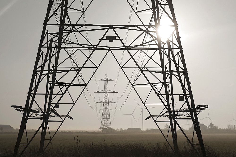 Misty morning at the little cheyne court wind farm at romney marsh, Kent east sussex england