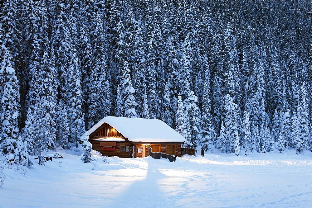 A snow covered log cabin on a snow covered lakeshore surrounded by evergreen trees at dusk, Lake louise alberta canada