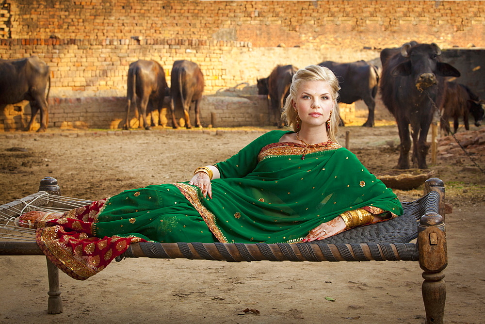 Portrait Of A Blond Woman Wearing A Sari And Laying On A Hammock With Cattle In The Background, Ludhiana, Punjab, India