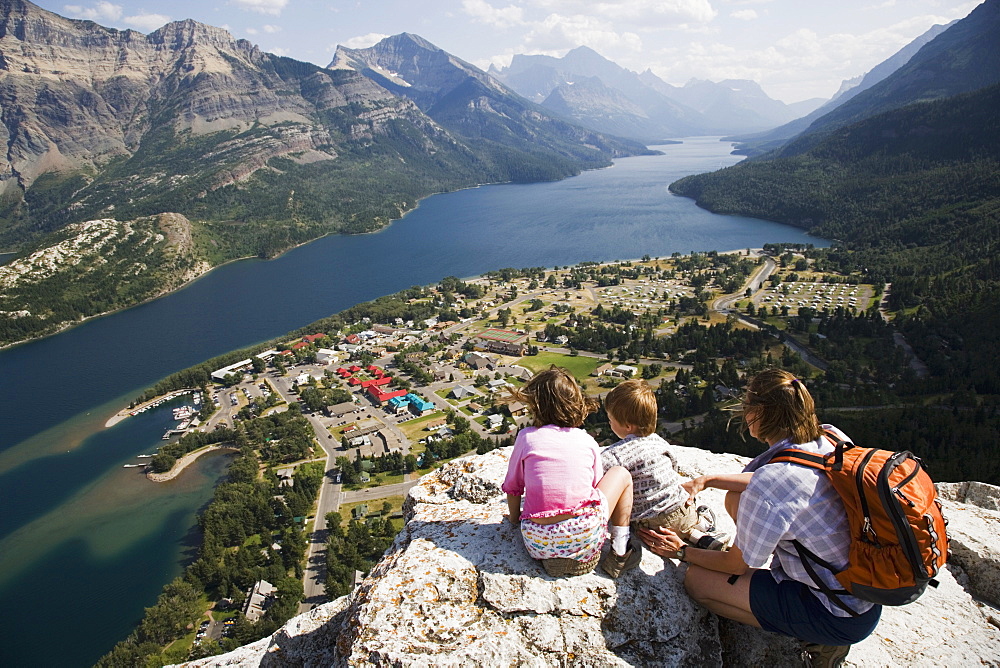 Mother And Children Enjoy View At Waterton Lakes National Park, Alberta Canada