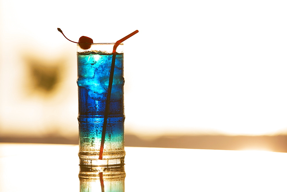 Blue Cocktail With Cherry And A Straw, Caribbean