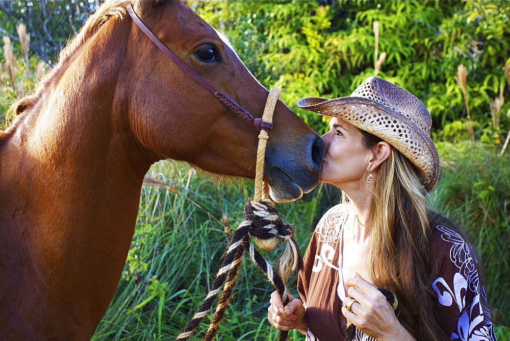 A Woman Kiss The Nose Of A Horse, Hawaii, United States Of America