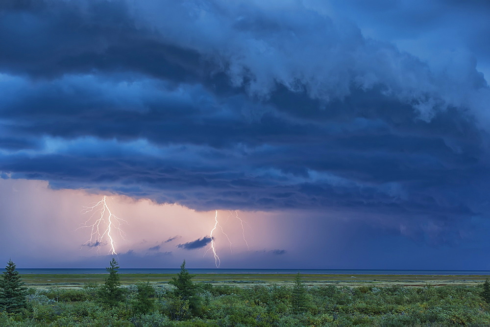 Double Lightning Strike During A Thunderstorm Over Hudson Bay, Manitoba, Canada