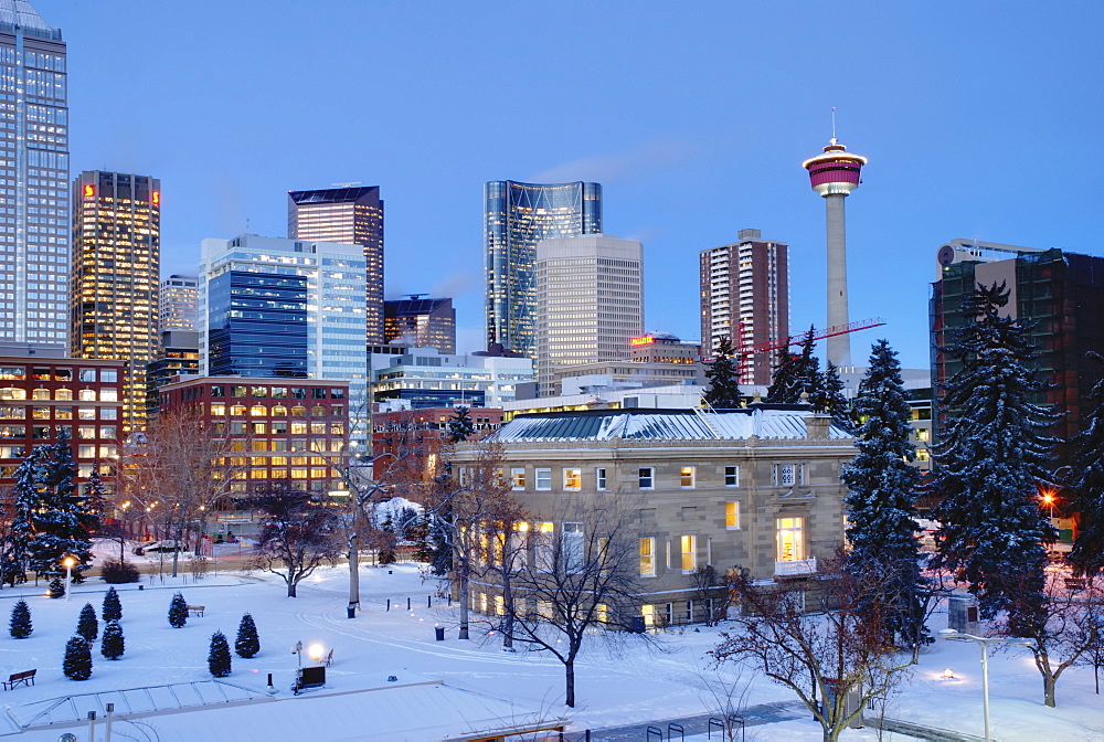 Winter Scene Of A City Plaza At Dusk, Calgary, Alberta, Canada