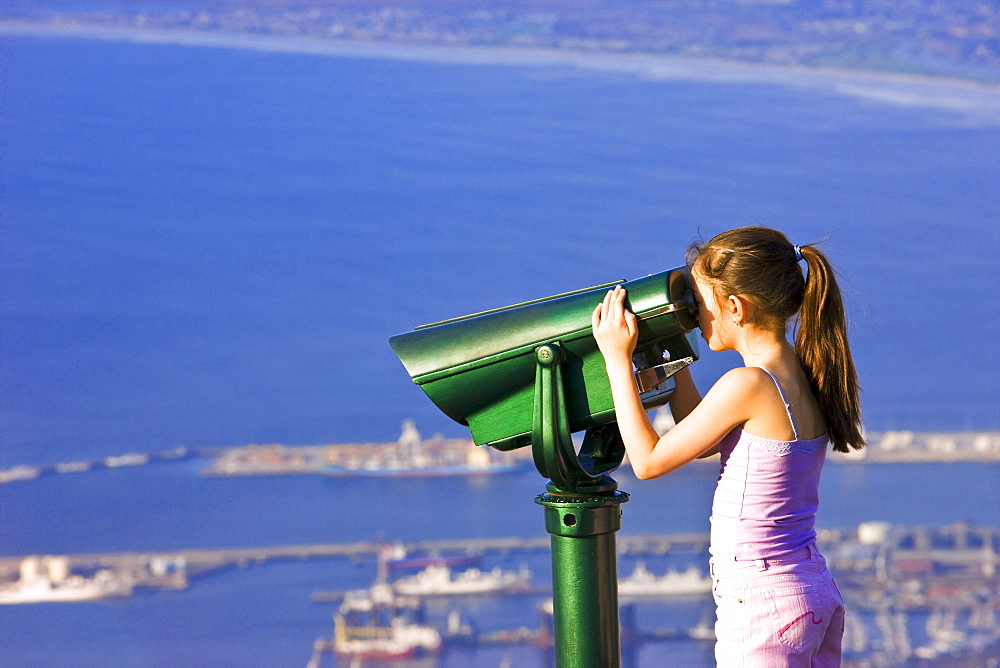 Girl Looking Through Binoculars At Cape Town, Table Mountain, South Africa, Africa