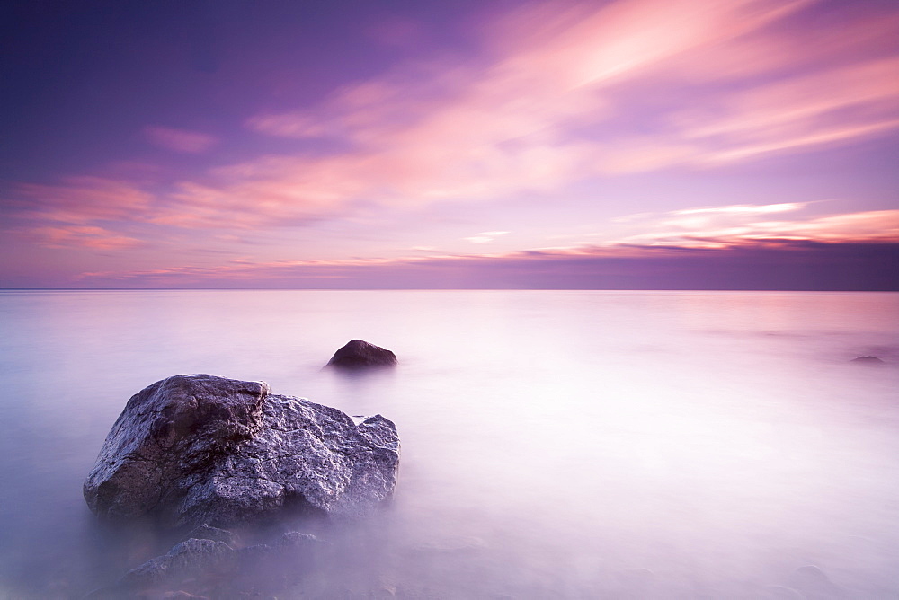 Long Exposure Makes The Water Of Lake Michigan Into Mist On A Cloudy Morning, Wisconsin, United States Of America