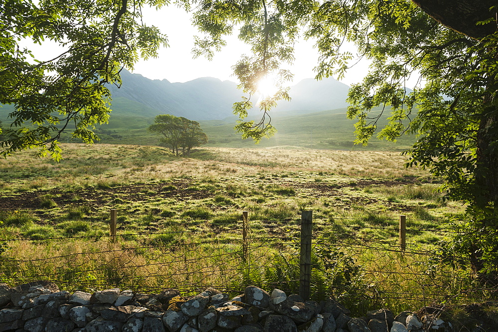 Looking Across A Field At Dawn With The Ridge Of The Black Cuillin Behind, Glen Brittle, Isle Of Skye, Scotland