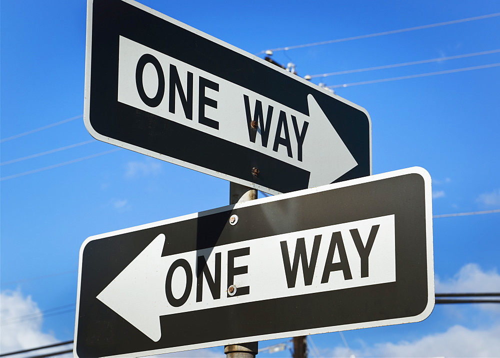 Road Signs With Arrows Saying One Way, Honolulu, Oahu, Hawaii, United States Of America