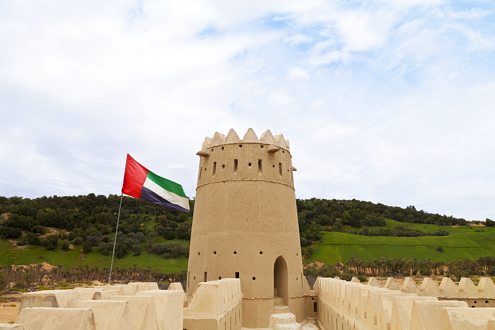 Mezaira Fort And Uae Flag, Liwa Oasis, Abu Dhabi, United Arab Emirates