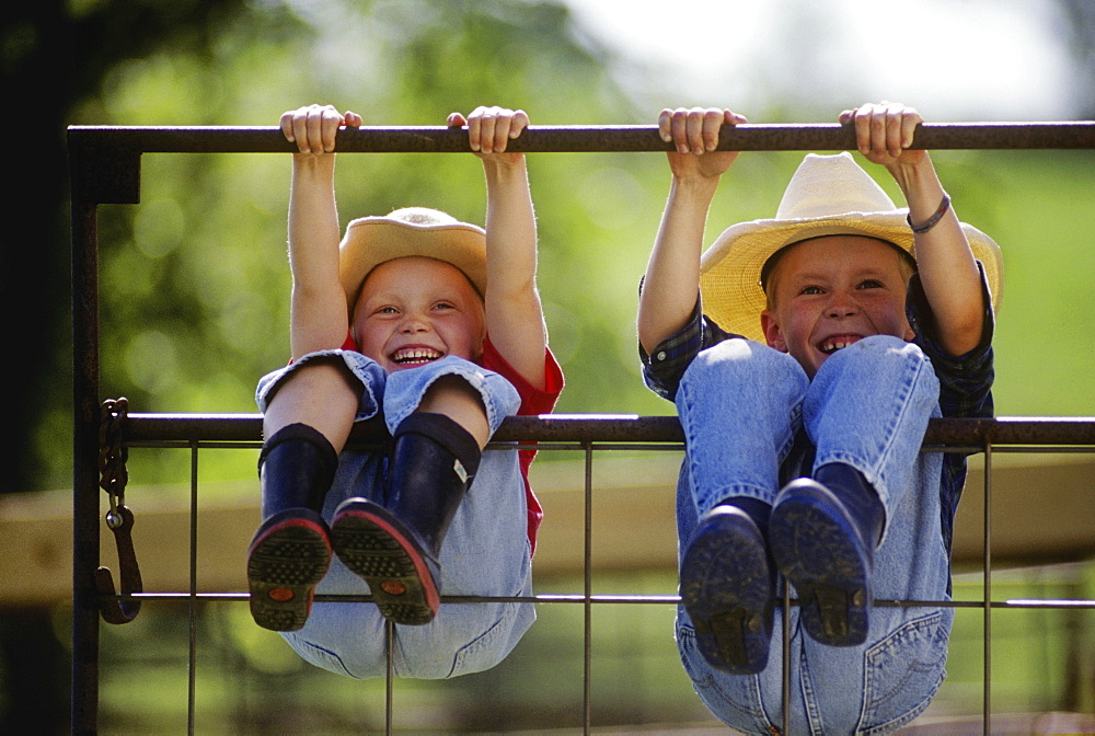 Agriculture - Young farm girl and boy wearing cowboy hats and rubber boots swing on a metal gate, hanging by their hands and legs and laughing / Northwest Missouri, USA.