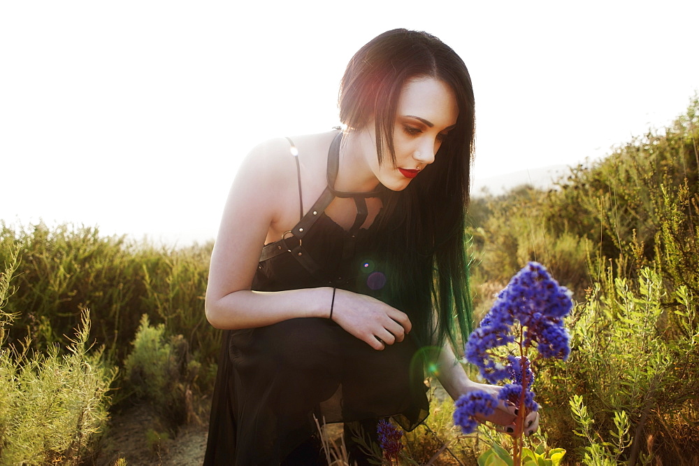 A Young Woman Touching A Purple Flower With The Sun Behind Her, California, United States Of America