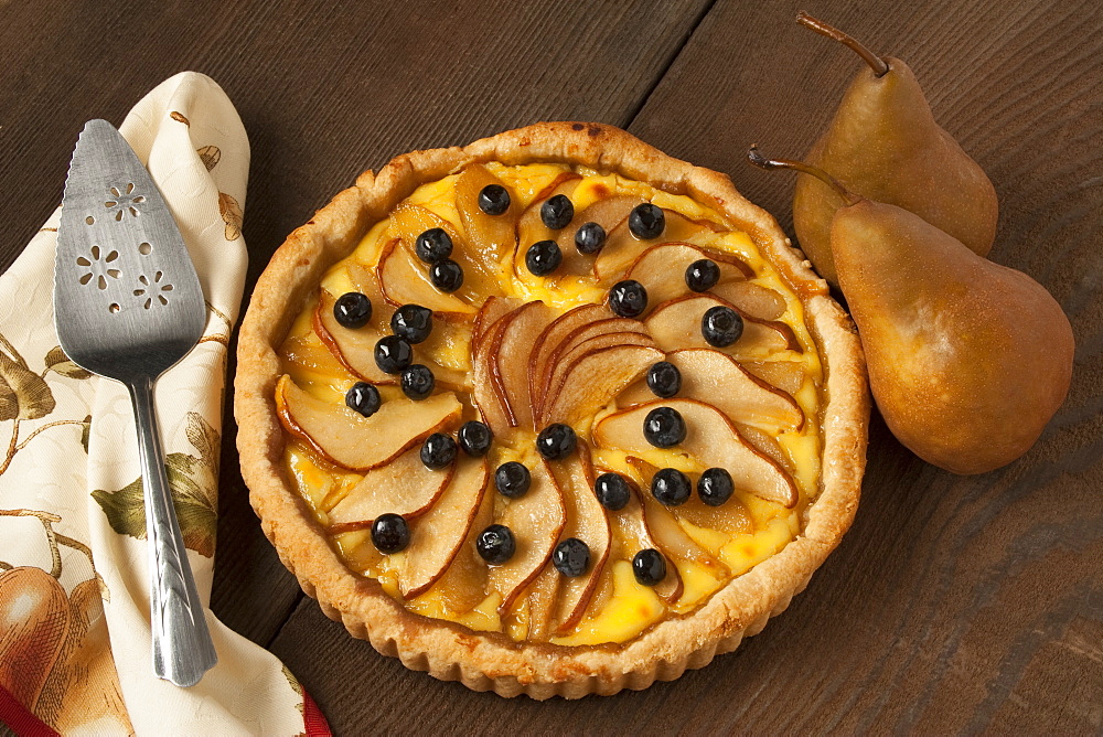 Food - Pear Custard Pie topped with Bosc pear slices and blueberries.