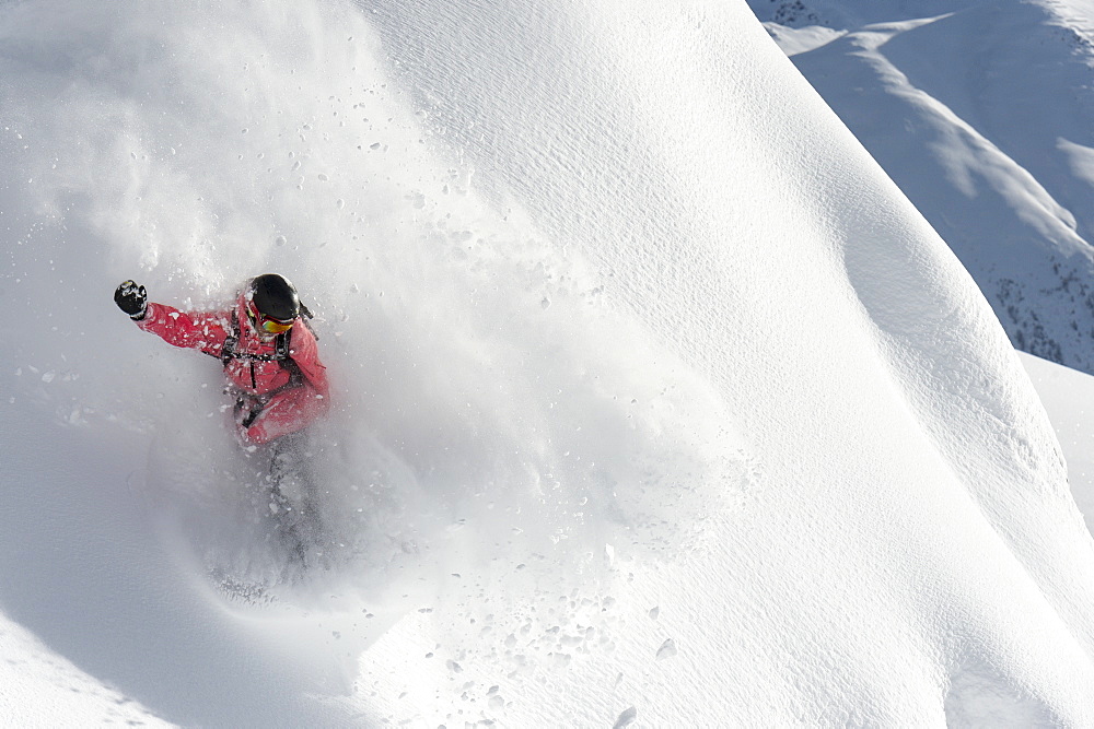 Snowboarding In Powder Snow, St. Moritz, Graubunden, Switzerland