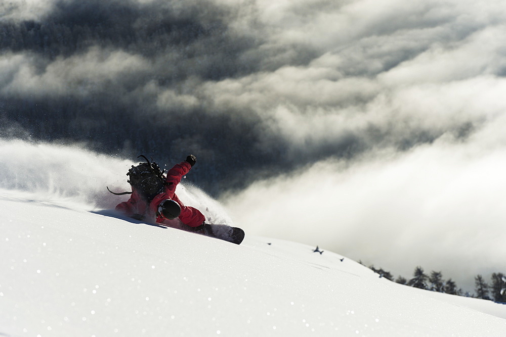 Snowboarding In Powder Snow, St. Moritz, Graubunden, Switzerland