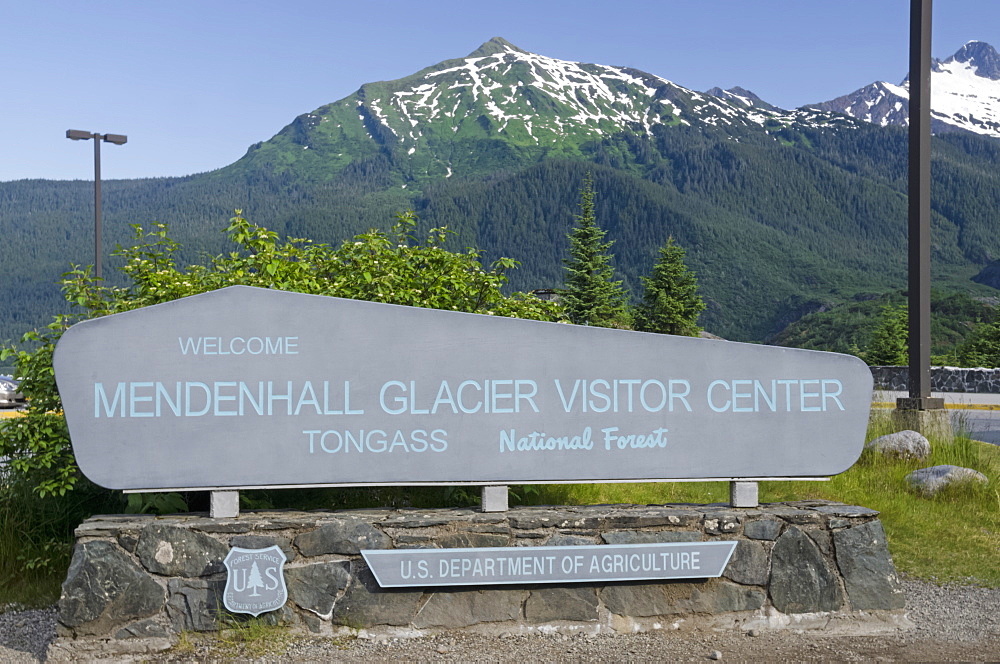 Mendenhall Glacier Visitor Centre Sign At Mendenhall Glacier, Tongass National Forest, Near Juneau, Alaska, United States Of America