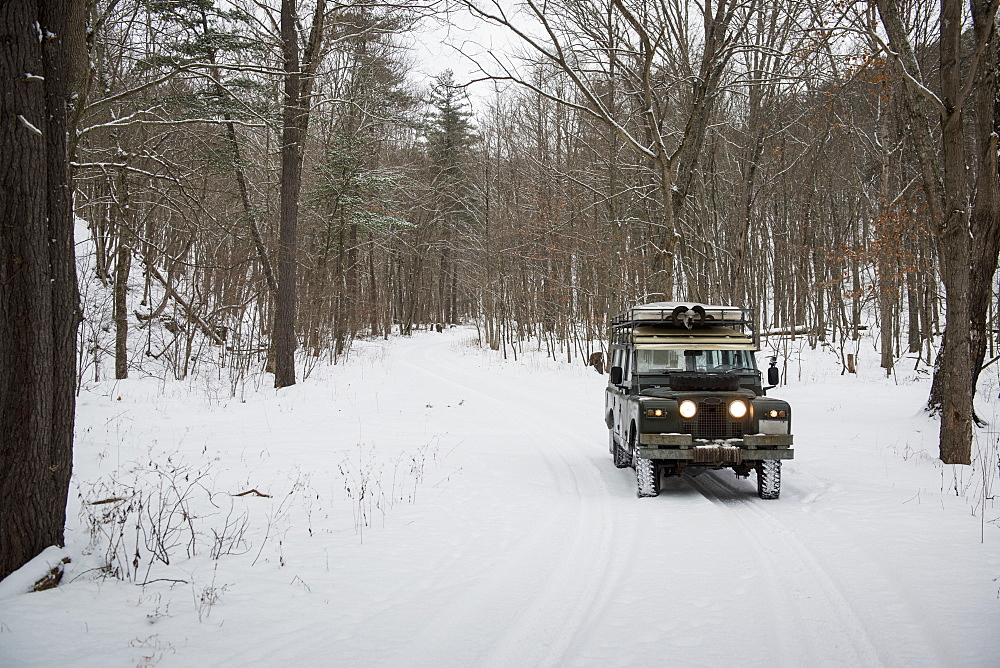 Land Rover In Green Ridge State Forest In Winter, Orleans, Maryland, United States Of America