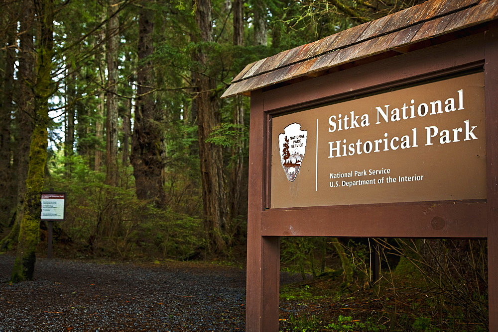 Sitka National Historical Park Sign At Totem Trail, Sitka, Alaska, United States Of America