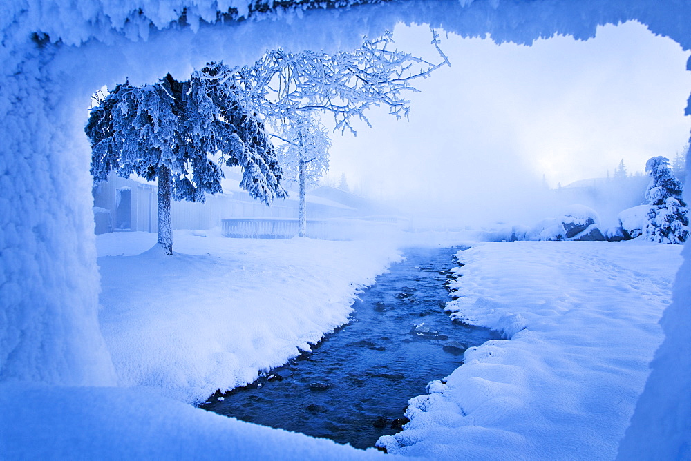 Steams From The Hot Springs Run Off In Sub Zero Winter, Chena Hot Springs Resort, Fairbanks, Alaska, United States Of America