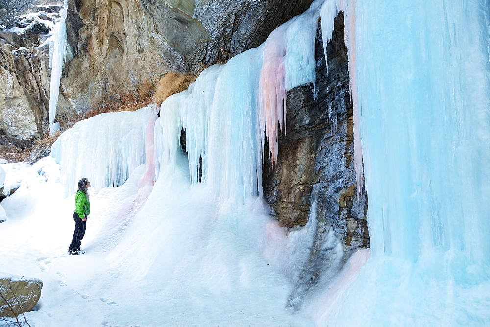 A Woman Hiker Looks Up At A Frozen Ice Fall Of Pink And Blue Ice In Plateau Canyon, Palisade, Colorado, United States Of America