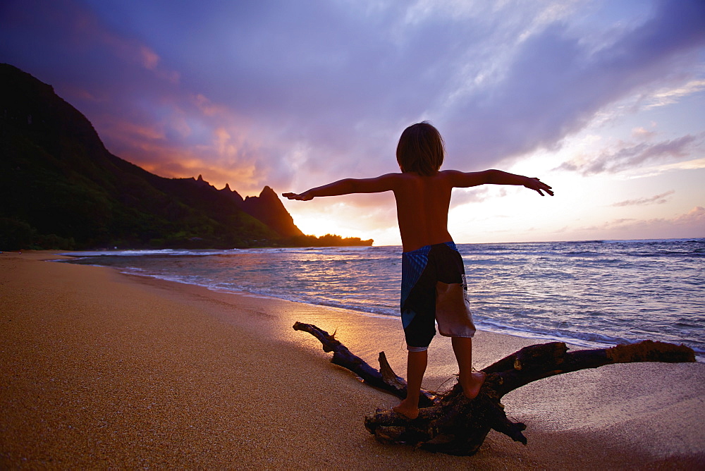 Playing On Driftwood On Tunnels Beach At Sunrise, Kauai, Hawaii, United States Of America