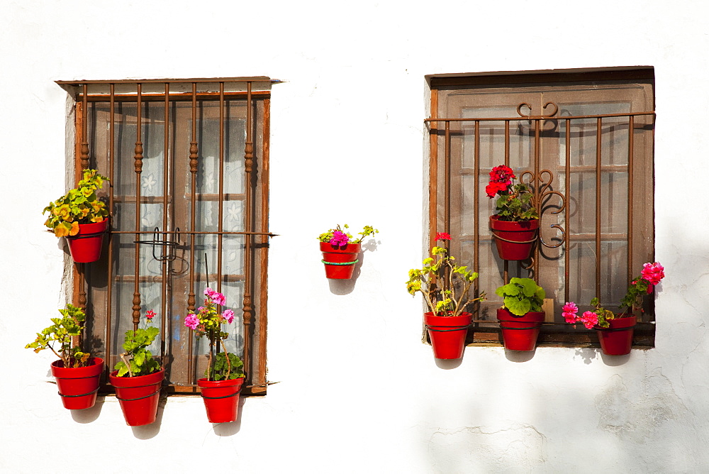 Small Flower Pots Decorate Windows, Sancti Petri, Near Chiclana De La Frontera, Andalusia, Spain