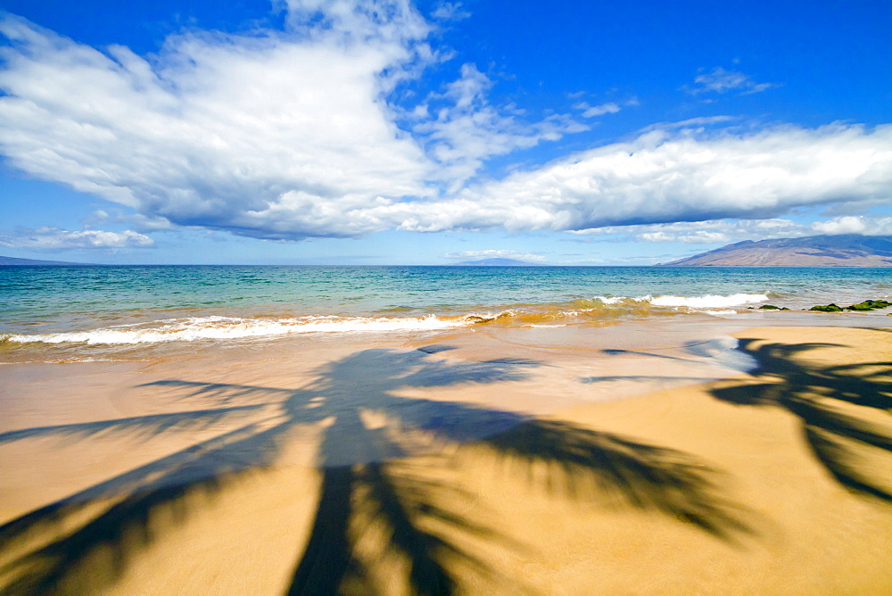 Hawaii, Maui, Wailea, Keawakapu Beach, Palm Tree Shadows On The Beach.