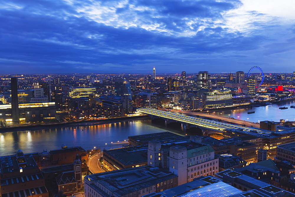 View Over The River Thames, Tate Modern And London Eye Wheel At Dusk, London, England