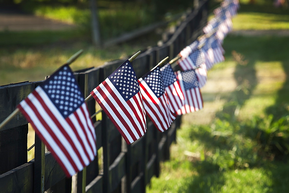 Black Wooden Fence Trailing Off With Small US Flags Hanging From Each Post, United States Of America