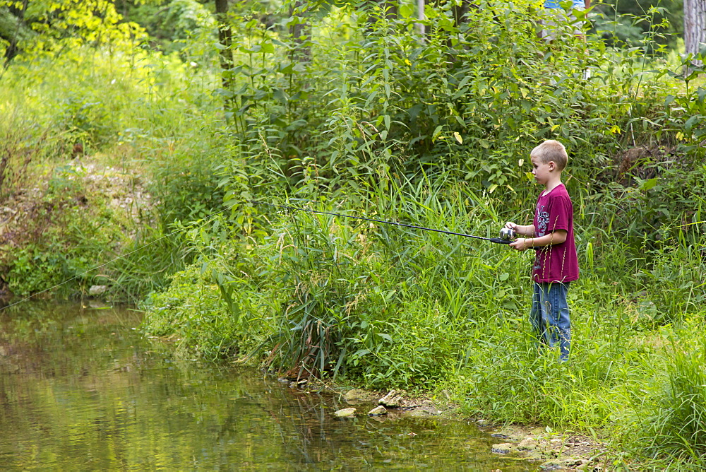 Boy Fishing In Bear Creek At Bixby State Preserve, Near Edgewood, Iowa, United States Of America