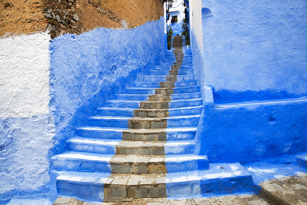 Looking Up A Stairway In The Medina, Chefchaouen, Morocco