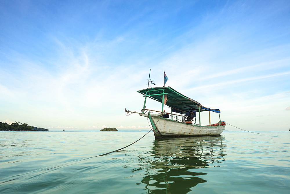 Boat Moored In The Water Off Tui Beach, Koh Rong Island, Sihanoukville, Cambodia