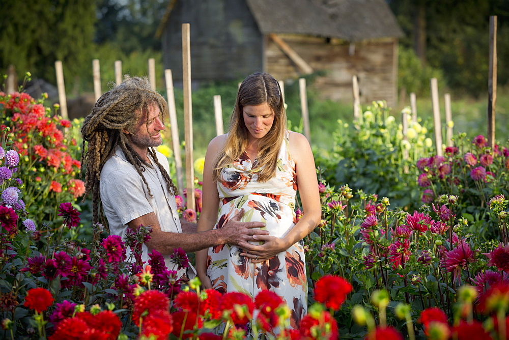 A Couple Touching The Woman's Pregnant Belly While Standing In A Flower Garden, Abbotsford, British Columbia, Canada