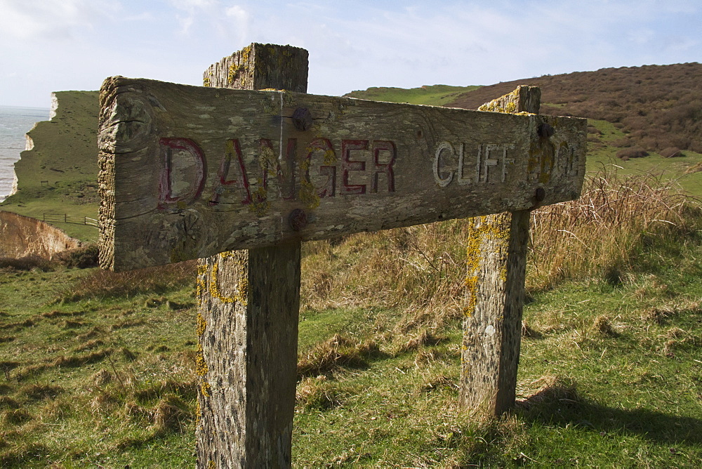 Danger Cliff Edge Wooden Sign, Seven Sisters, South Downs, East Sussex, England