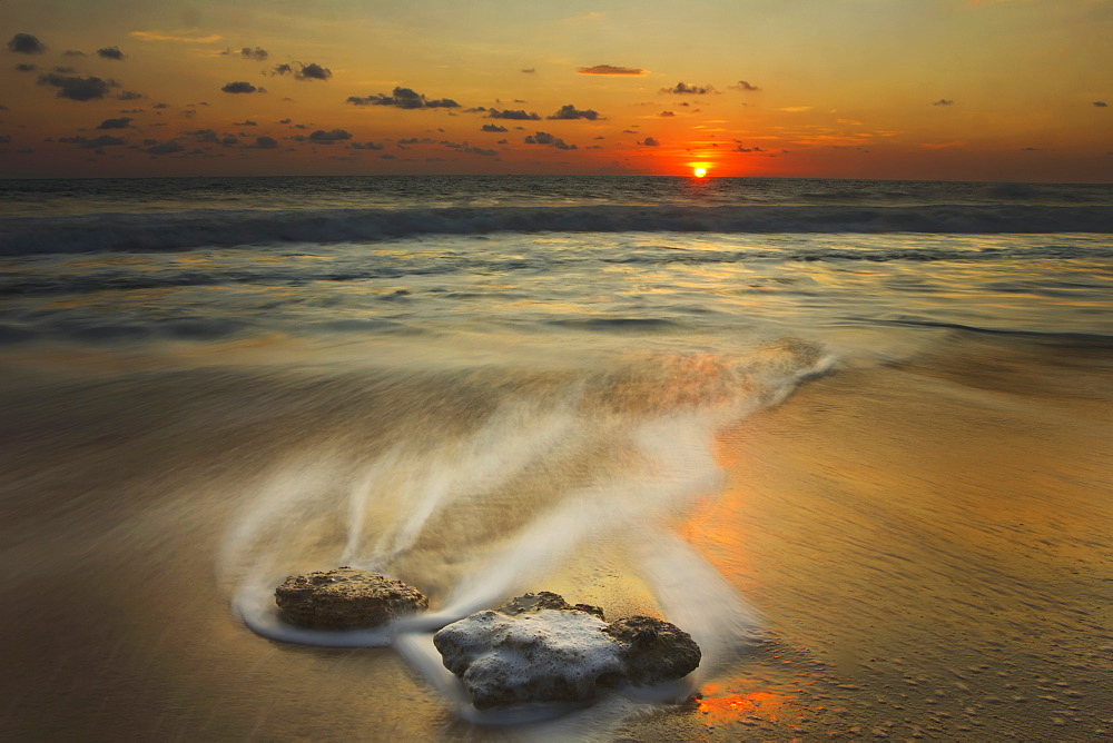 Waves Over Rocks On The Beach At Sunset, Mazatlan, Mexico