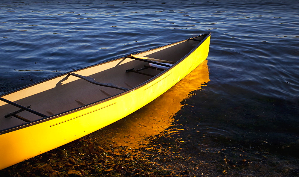 Yellow Canoe In The Shallow Water At The Water's Edge, Vancouver, British Columbia, Canada