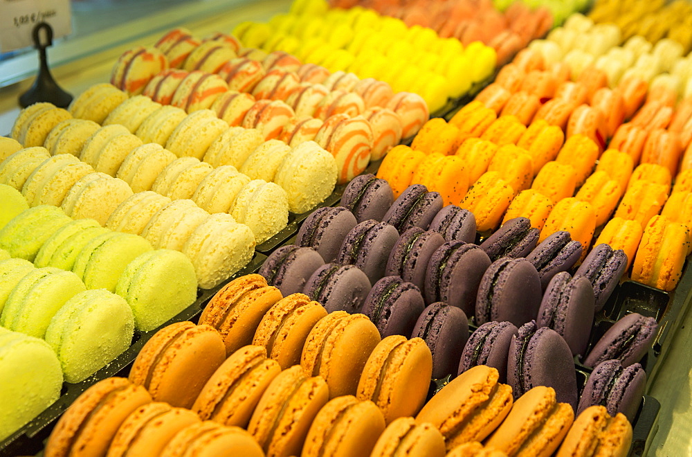 Close Up Of Colourful Macaroons In A Bakeries Display Case, Morlaix, Brittany, France