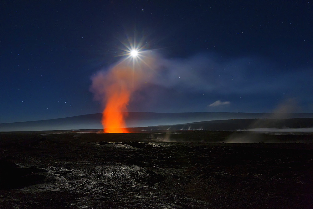 Full Moon Over Halemaumau Crater Within The Much Larger Summit Caldera Of Kilauea In Hawaii Volcanoes National Park, Steaming Vents In Foreground, Mauna Loa Mountain In Background, Island Of Hawaii, Hawaii, United States Of America