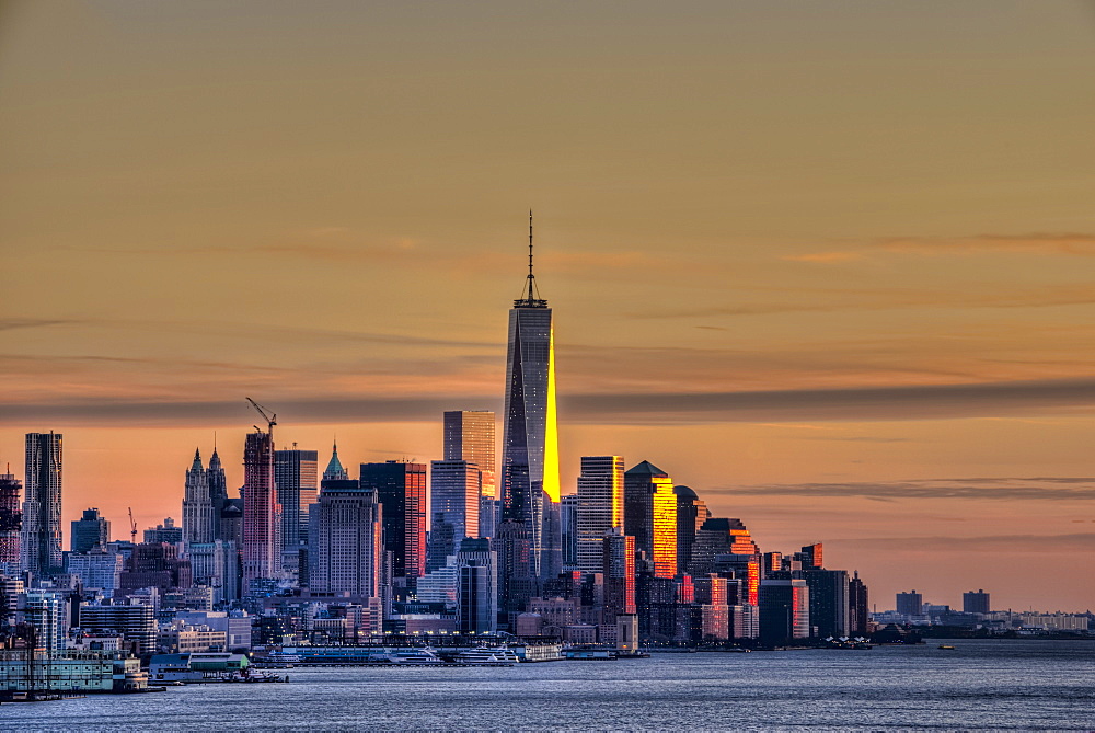 Sunset Over Lower Manhattan And The World Trade Centre, New York City, New York, United States Of America