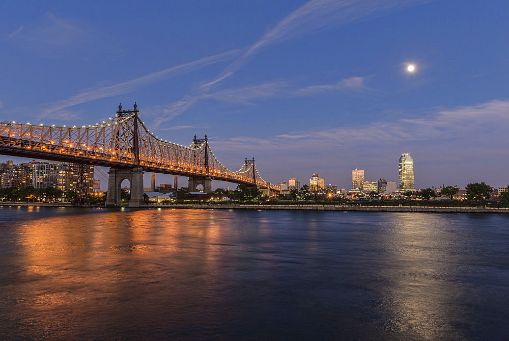 Moonrise Over Queensboro (59th Street) Bridge And The Citibank Building, Queens, New York, United States Of America