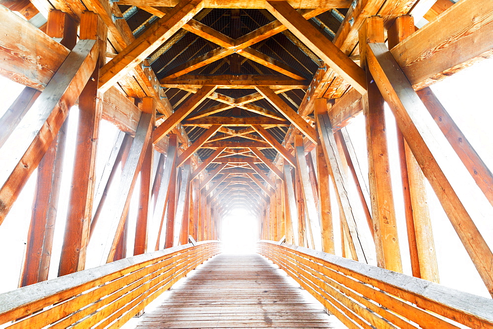 Wooden Bridge With Sunlight Glowing At The End, Golden, British Columbia, Canada