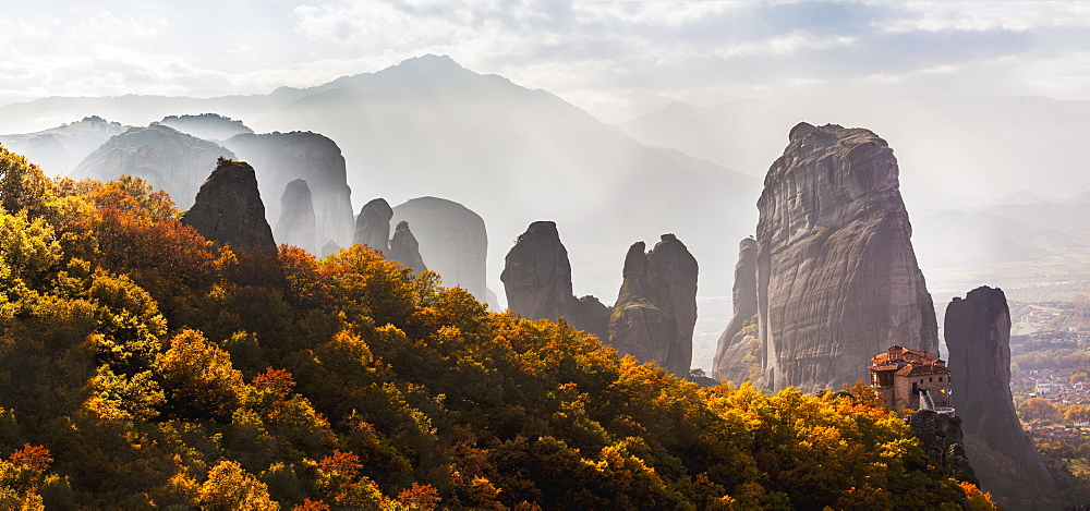 Rugged Cliffs And A Monastery, Meteora, Greece