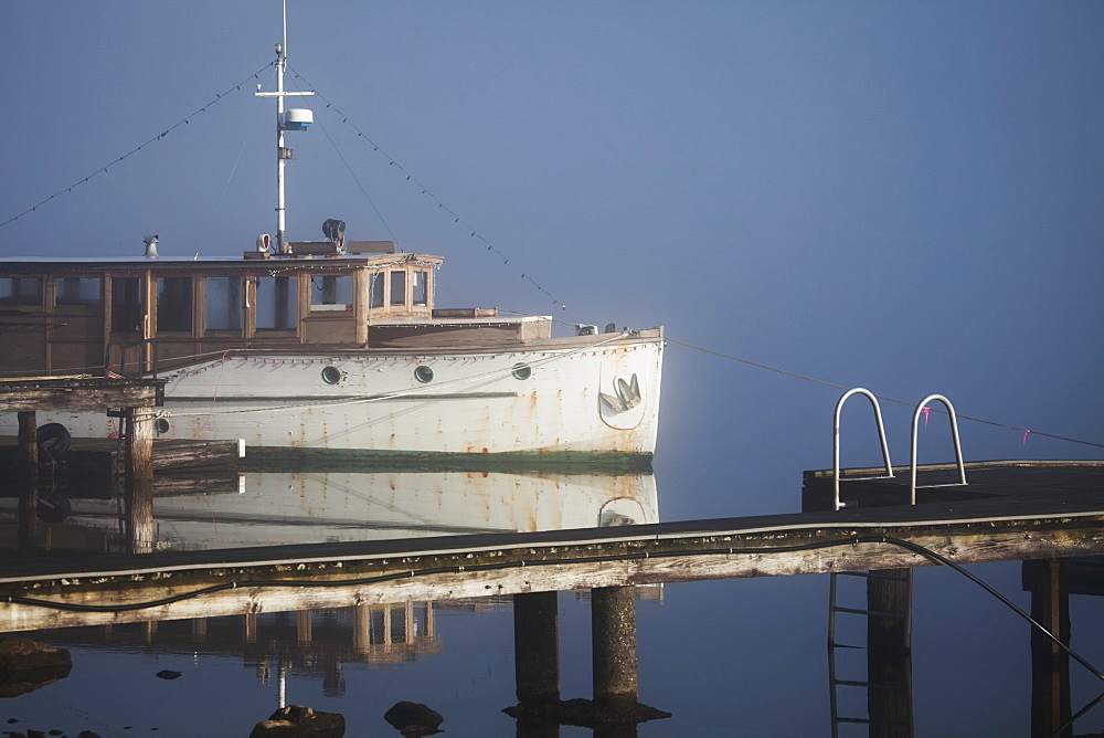 Wooden Boat On Foggy Lake, Bellingham, Washington, United States Of America