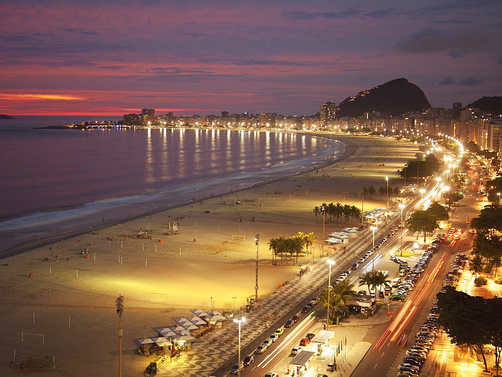 Copacabana Beach And Avenue Atlantica In The Evening, Rio De Janeiro, Brazil