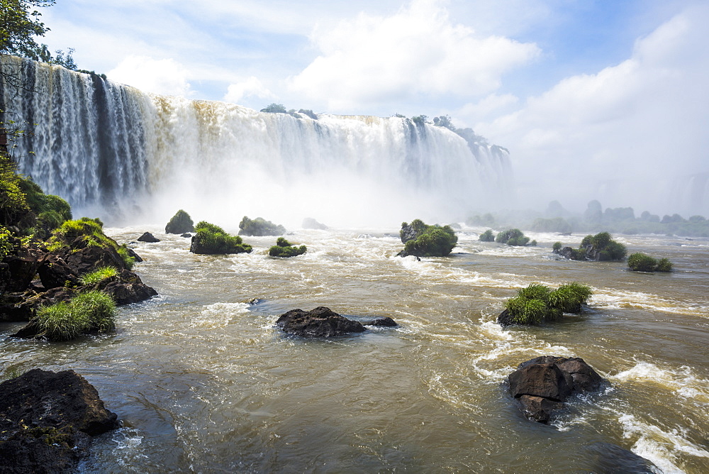 Grassy Rocks At Foot Of Iguazu Falls, Parana, Brazil