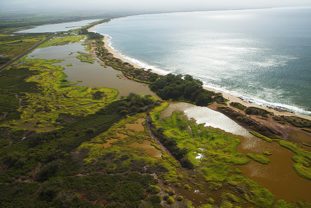 Aerial View Of Kealia Pond National Wildlife Refuge And Brackish Ponds, Home To Endangered Hawaiian Birds, Maui, Hawaii, United States Of America