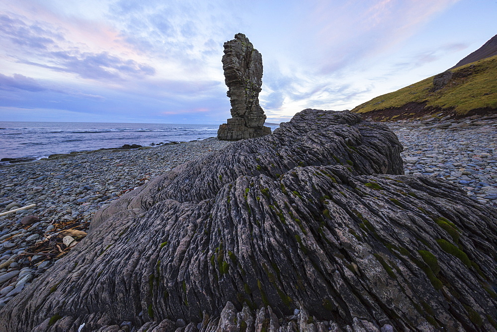 Sea Stacks Along The Coast Of Iceland's Westfjords As Sunset Begins, West Fjords, Iceland