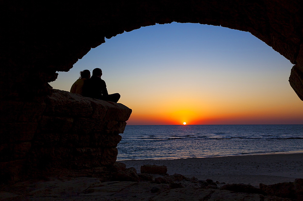 Roman Aqueduct With Arches At Sunset In Caesarea Maritima National Park, Israel