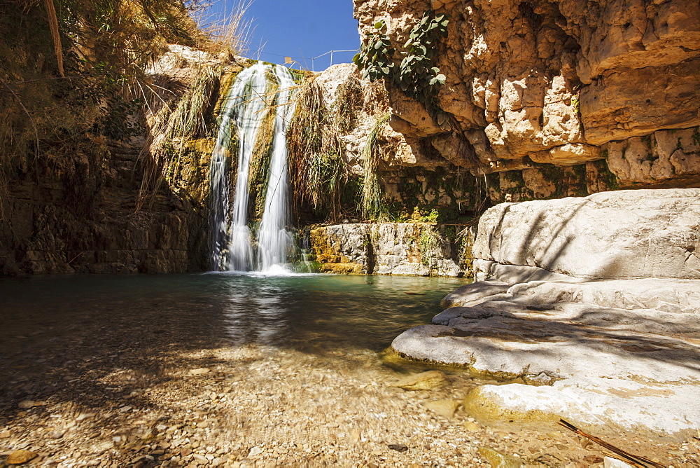 David And His Men Stayed In Ein Gedi And Certainly Enjoyed The Fresh Water Falling From The Desert Plateau Above. There Are Several Waterfalls Of Differing Sizes That Make There Way Down To The Dead Sea Below, Ein Gedi, Israel