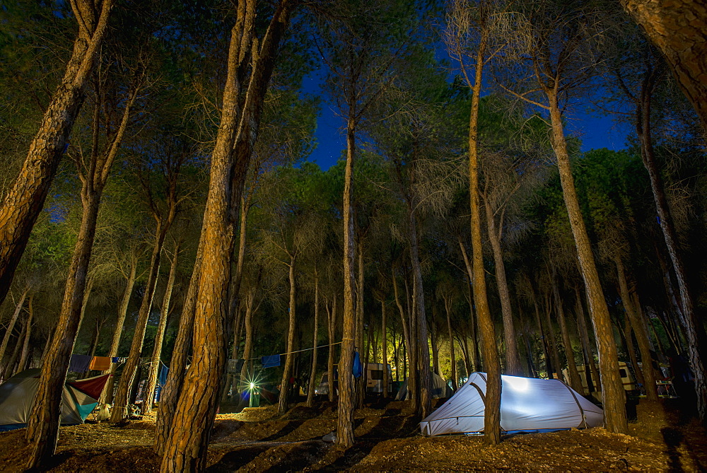 A Tent Illuminated At Dusk At A Campground, Cala Gonone, Sardinia, Italy