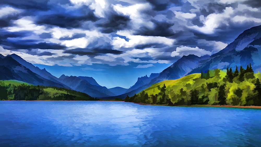 Painting Of A Lake And Mountains In Waterton Lakes National Park, Alberta, Canada